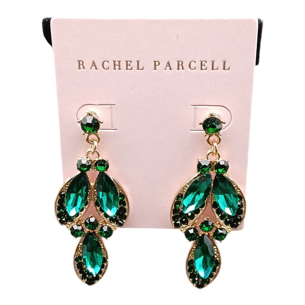 Rachel Parcell Emerald Green Crystal Drop Earrings – Gold Tone Statement Dangle